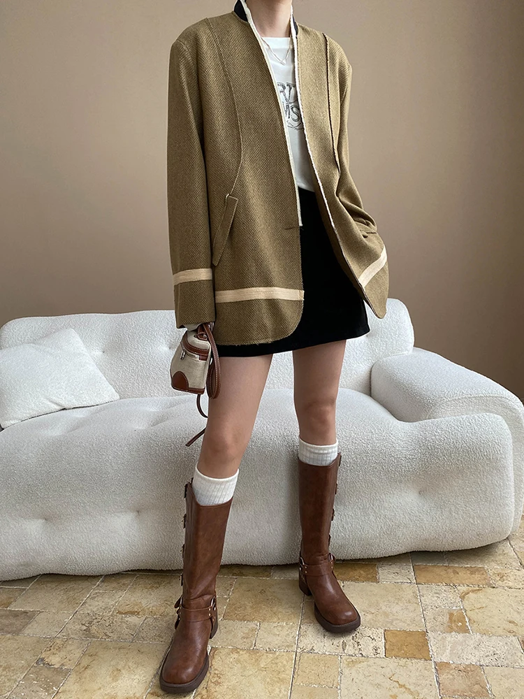 예모라 카멜 울 패치워크 버 캐주얼 블레이저 여성용 V넥 롱 슬리브 루즈핏 신상 재킷 패션 트렌드 봄 가을 2025