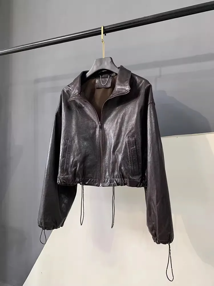 Streetwear Casual Women Genuine Leather Jacket Drawstring Loose Fit Vintage Sheepskin Short Coat Zip Long Sleeve Casual Outwear
