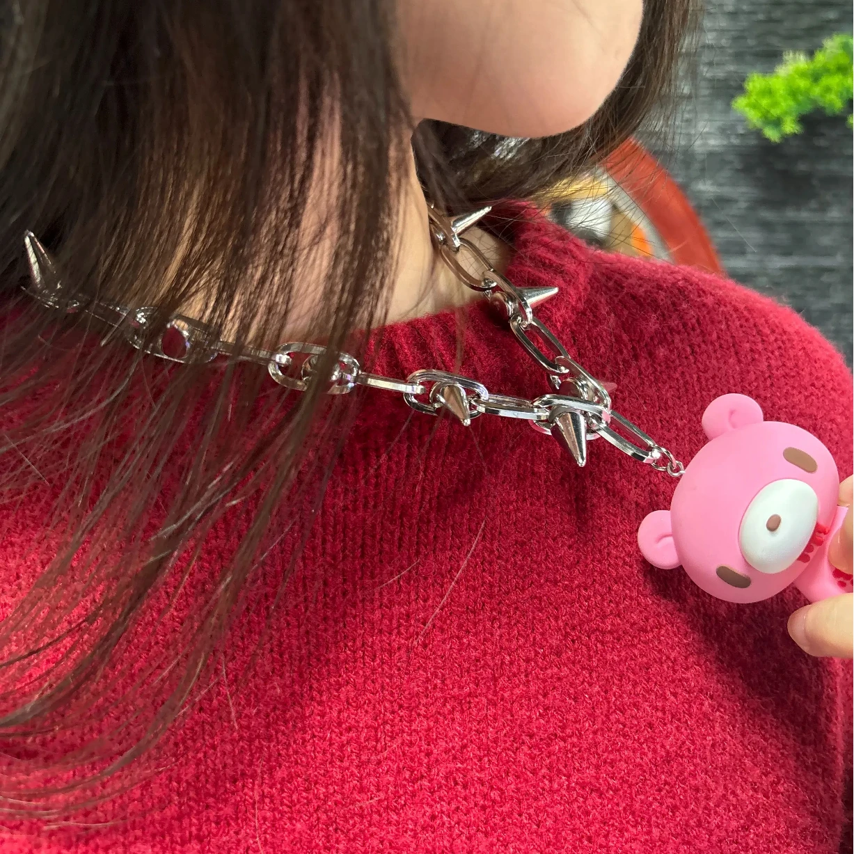 Edgy necklace with spiked chain & cute gothic bear pendant. Bold style.