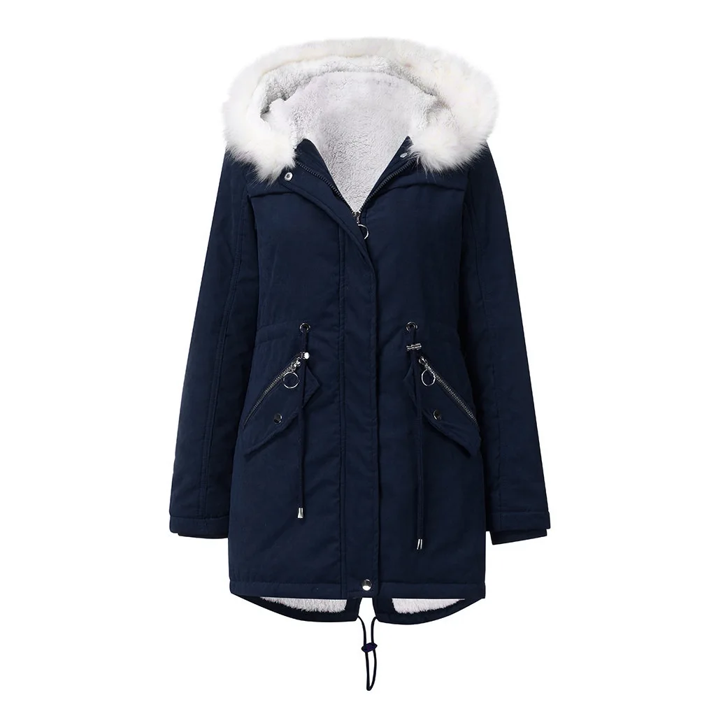 

White Fur Collar Puffer Coat Warm Velvet Long Sve Mid-Length Parka Sle Women's Jaet Winter Outerwear