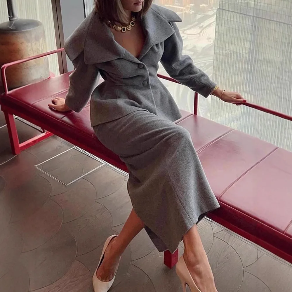 Elegant Grey Laple Wool Blend Top Long Skirt Set Women Fashion Blazers High Waist Slim Skirts Suit Fashion Lady Party Club Suit