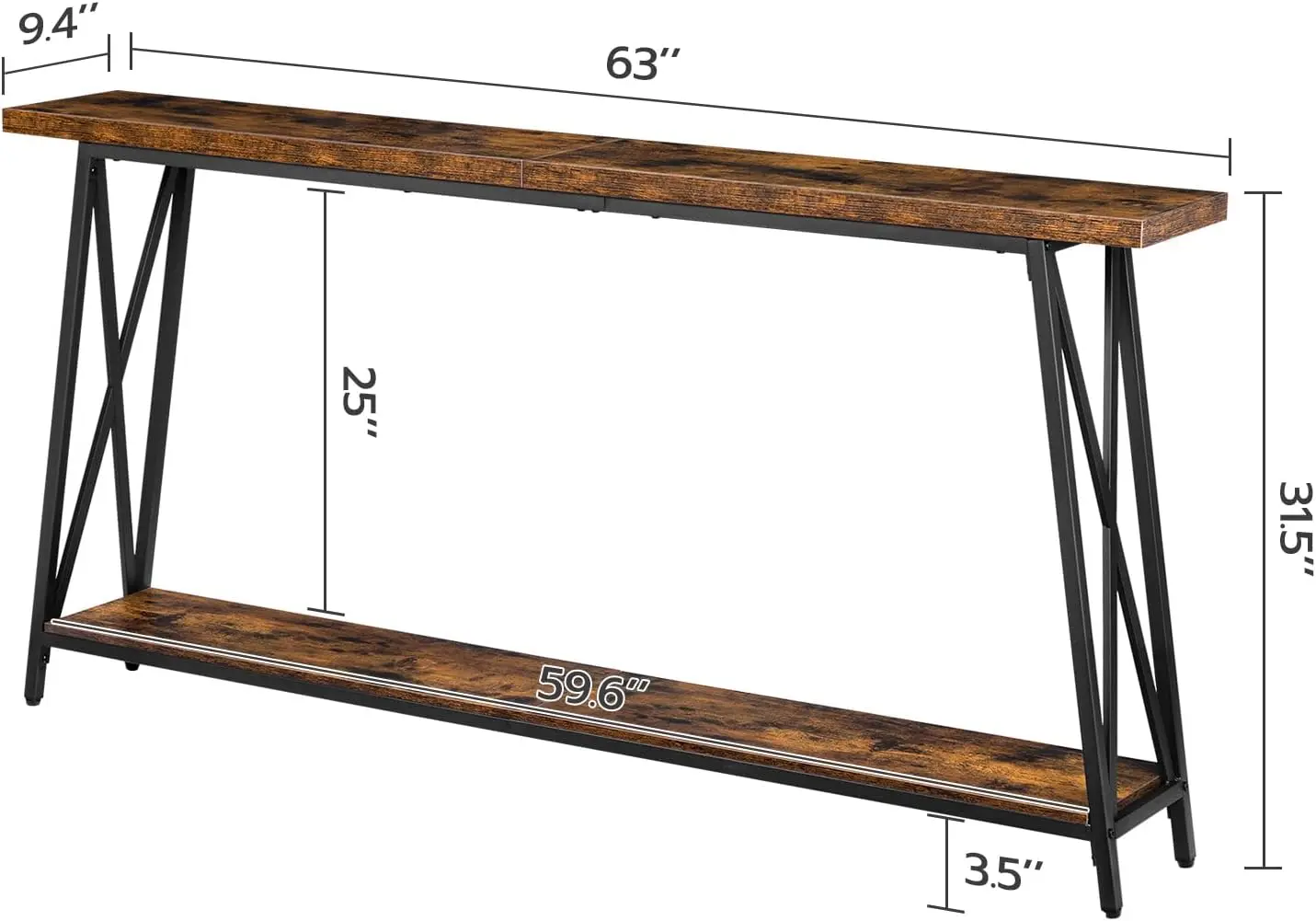 63" Industrial Rustic Brown Console Table with X-Shaped Support for Entryway, Living Room, or Behind Couch