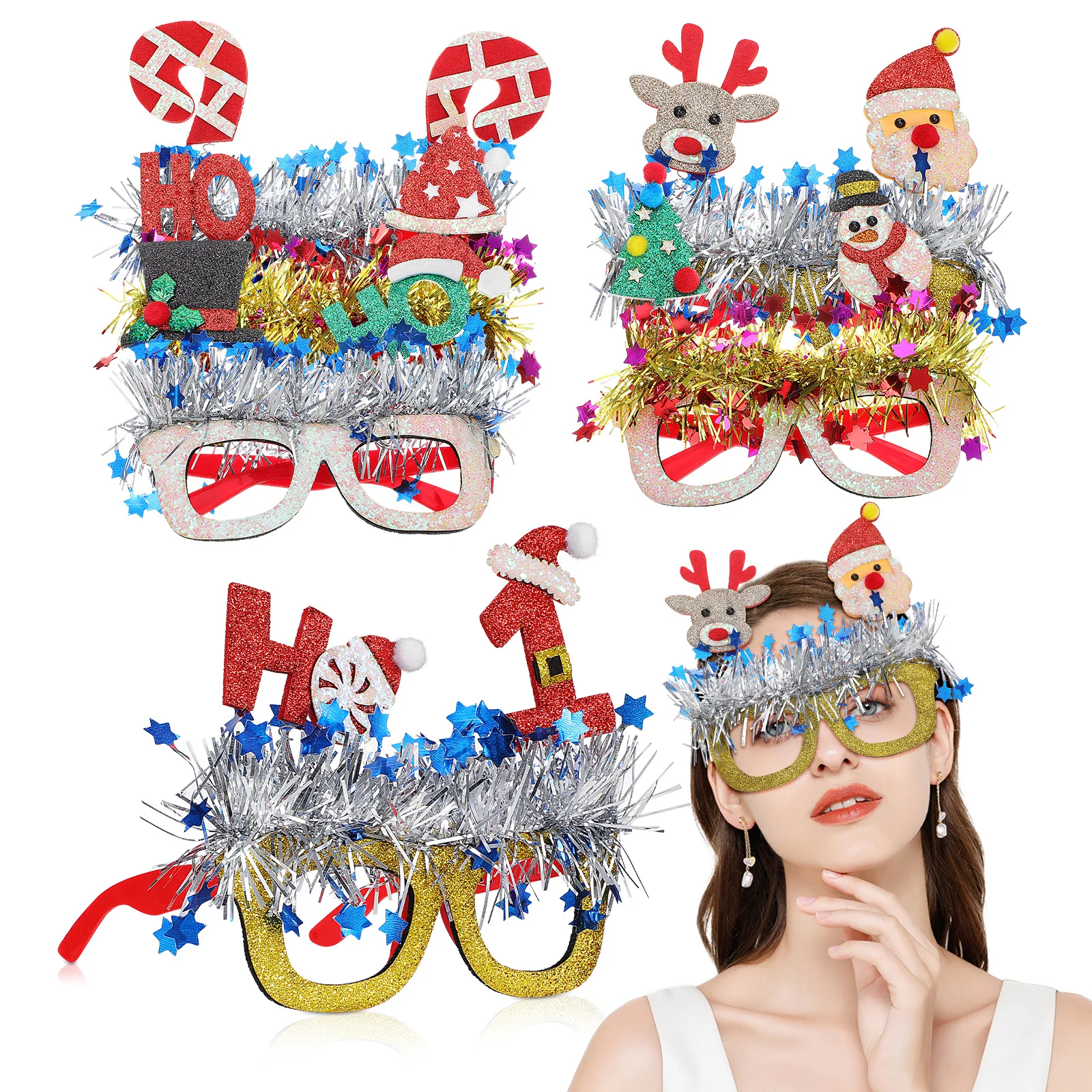 

6Pairs Party Glasses Christmas Theme Glitter Frames Lightweight Funny Holiday Party Decorations Xmas Accessories