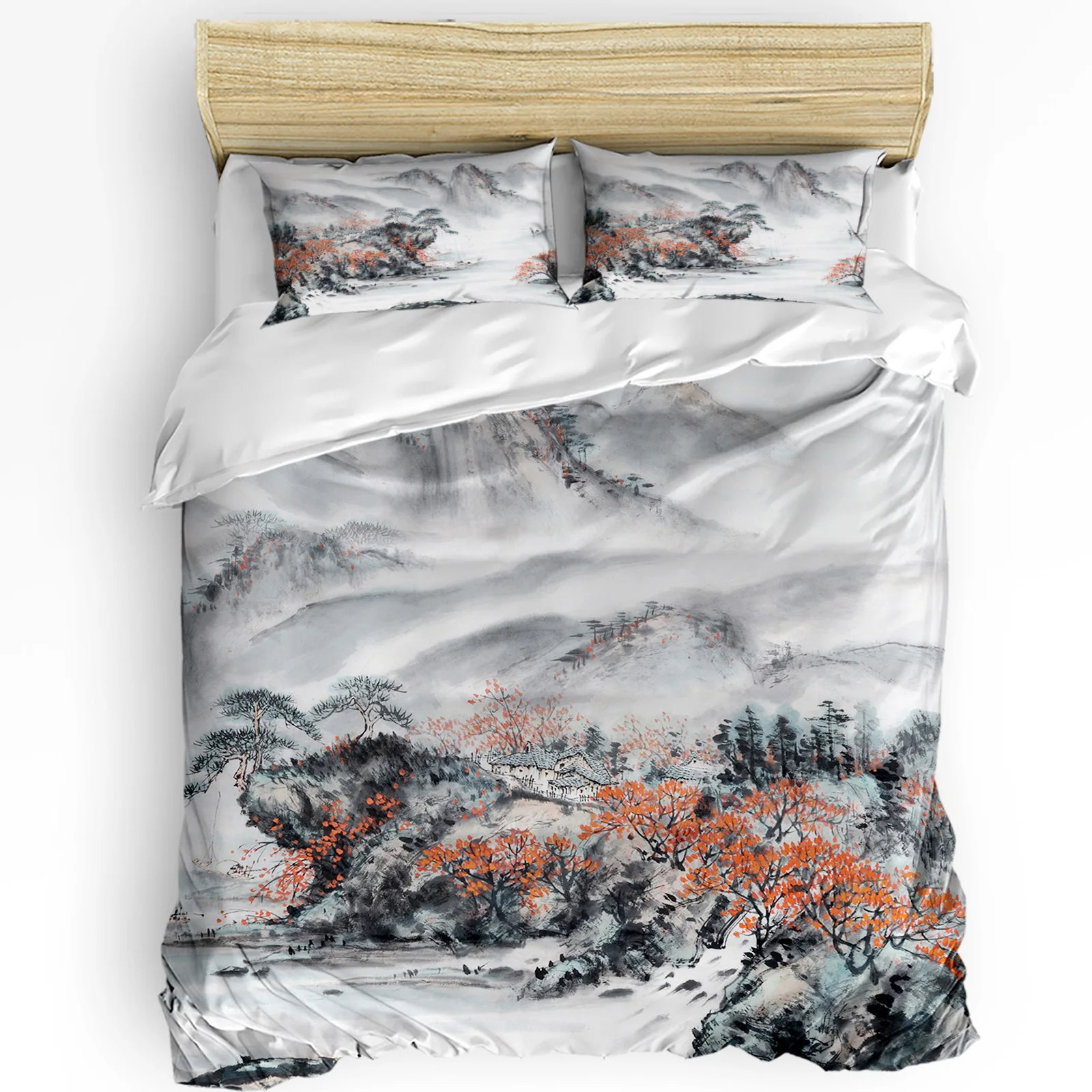 

Chinese Style Ink Painting Landscape Duvet Cover with Pillow Case Custom 3pcs Bedding Set Quilt Cover Double Bed Home Textile