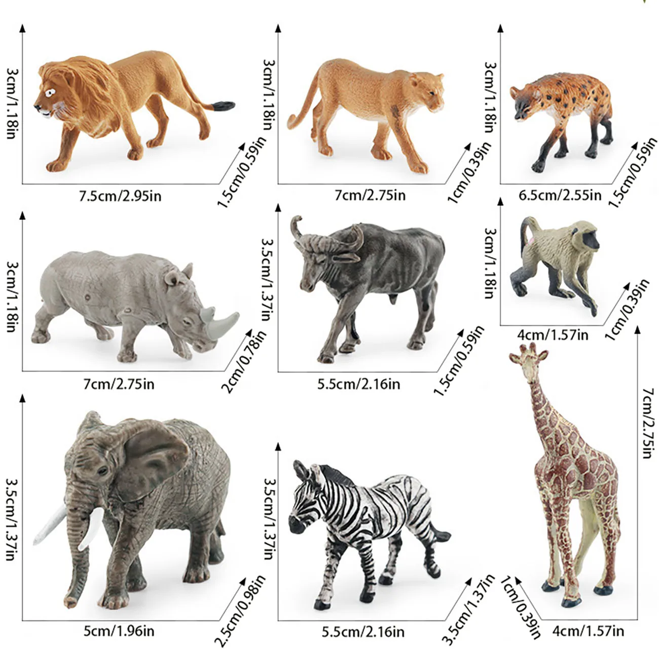 Animales de África del Sur simulados, cebra, León, jirafa, Lioness, rinoceronte blanco, elefante africano, modelo de juguete, adornos, 9 piezas