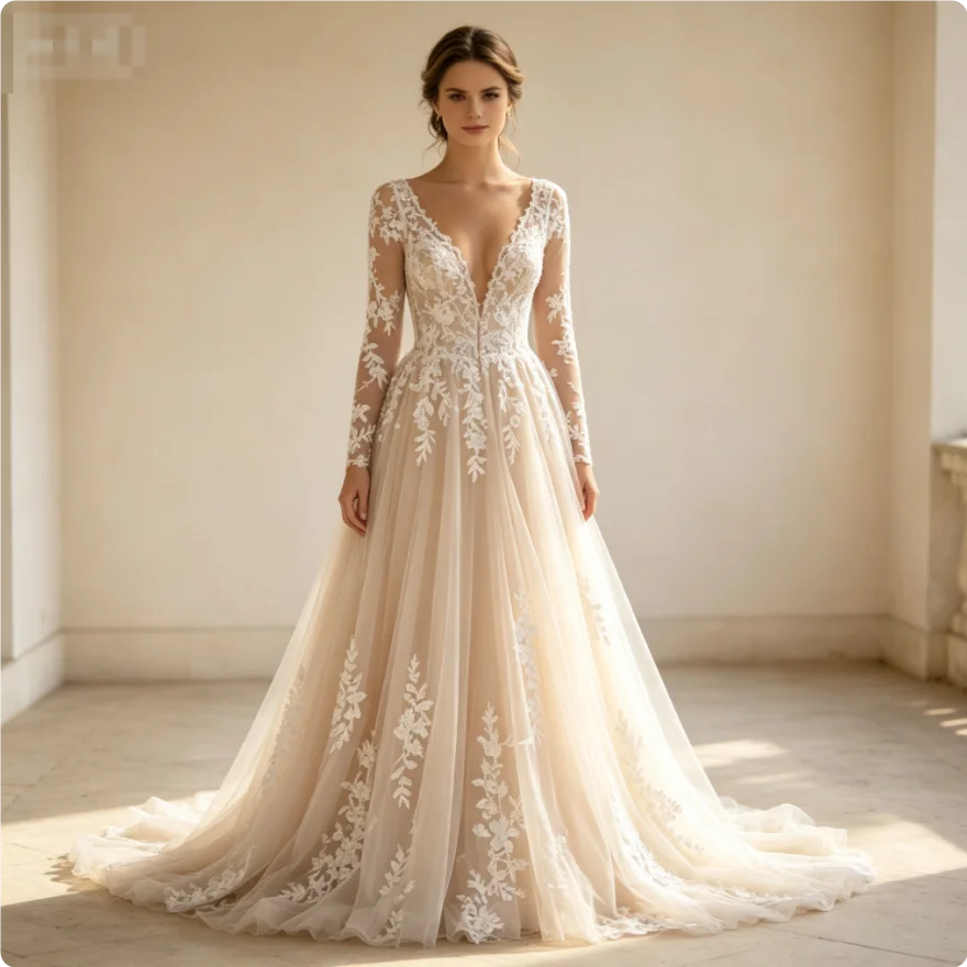 Elegant Champagne Bohemian Wedding Dress 2026 Deep V Neck Lace Long Sleeve Boho Country Garden Bridal Gown Flowy Tulle Reception