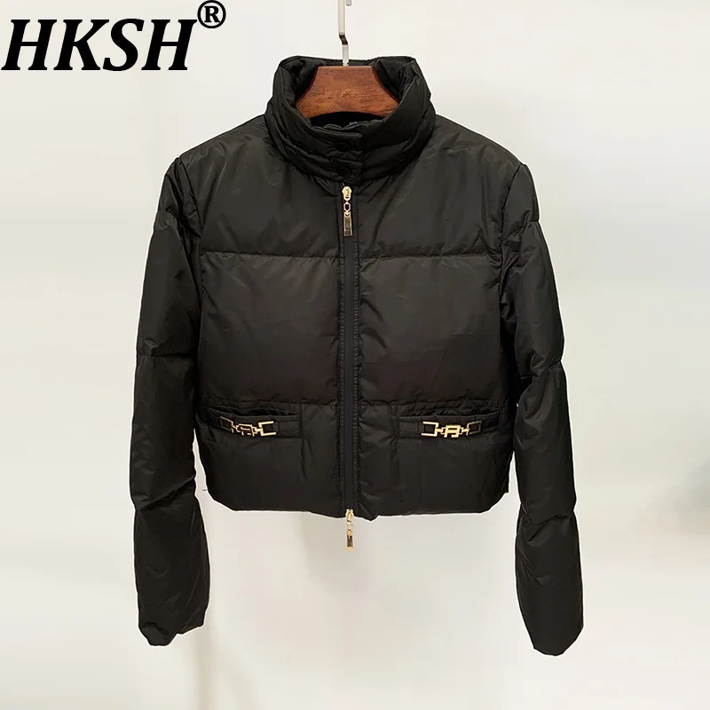 HKSH 2025 Winter New Women's Short Down Coat Stand Collar Double-zipper Versatile Dark Elegant Trendy Warm Puffer Jacket HK15891