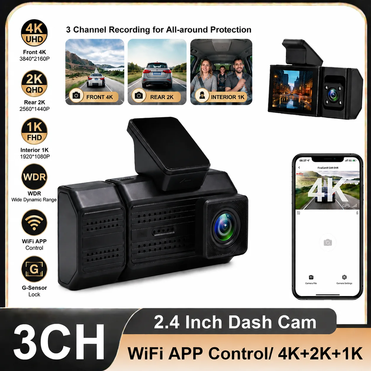 3 Channel Dash Cam 2.4 Inch 4K WDR WiFi APP Control Black Box 24H Parking Monitor Vedio Camera Recorder Rear View For Cars DVR