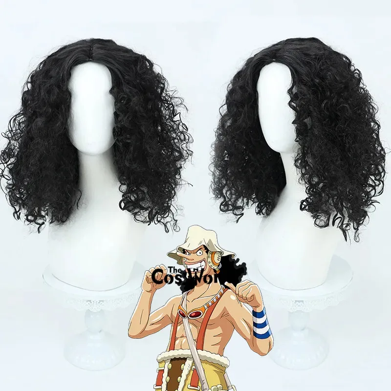 

Usopp Black 48cm Medium Long Curly Anime Cosplay Wigs Fiber Heat Resistant Synthetic Hair + Wig Cap