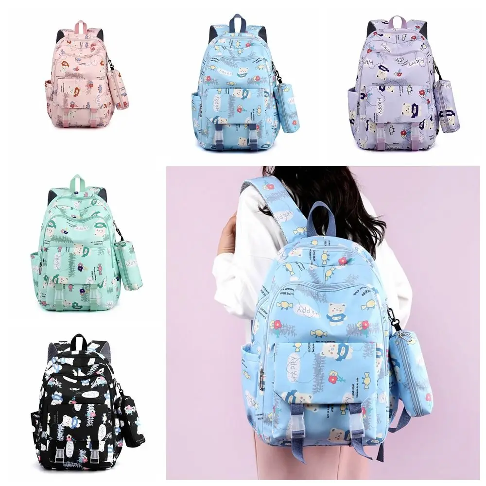 

Oxford Large Capacity Backpack Bear Printing Pattern with Pencil Case Korean Style School Bag Solid Color Casual Knapsack