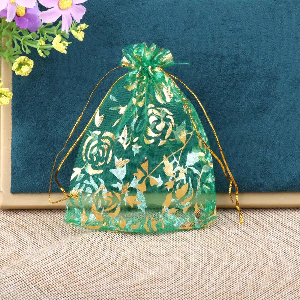 25/50/100pcs/lot Drawstring Organza Gift Bag Hot Gold Color Rose Print Pouches Wedding Christmas Party Candy Jewelry Packing