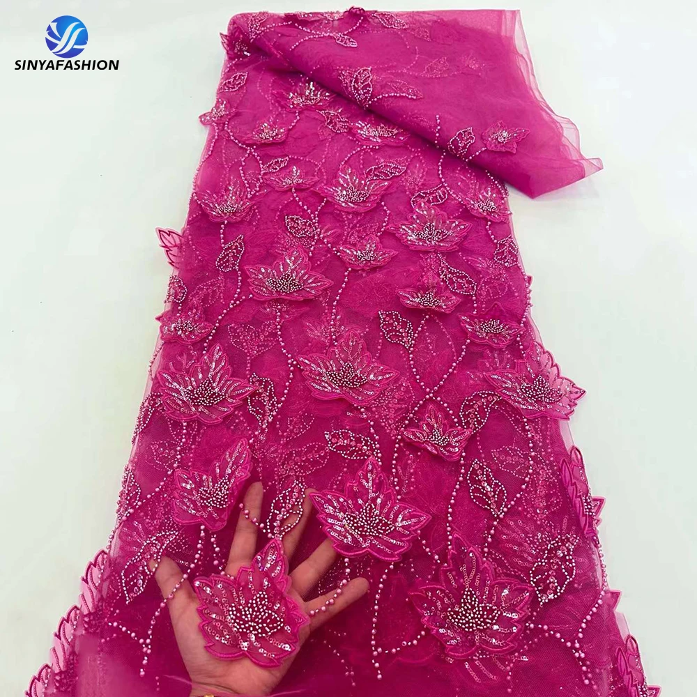 

Fuchsia 3D Laser Embroidery Flower Applique African 3D Lace Fabric High Quality Luxury Beaded Lace Fabric For Wedding Dress Sew