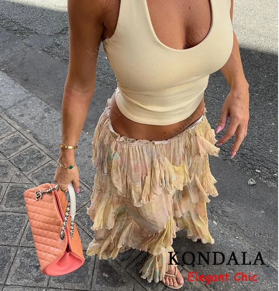 KONDALA Vrouwen Elegante Hippie Rok Gradiënt Print Tiered Ruches Lange Rokken 2025, Zomervakantie High Street Boho Dame Rokken