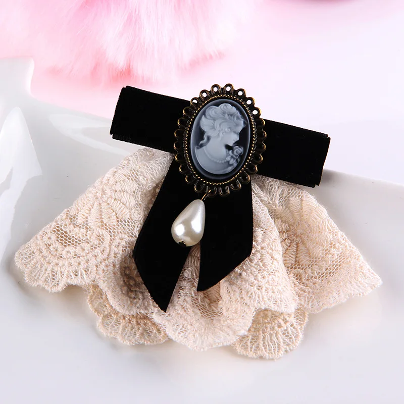 Women New Retro Handmade Lace Imitation Pearl Velvet Sweater Pin Coat Bow Brooch H1294