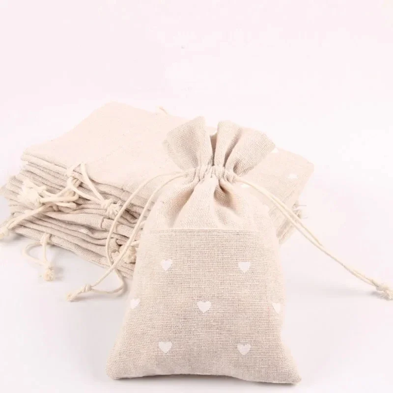 

Custom Logo Printed Heart Linen Drawstring Bags Wedding Jewelry Dust Sack Gifts Favor Candy Makeup Storage Pouch Packaging Bags