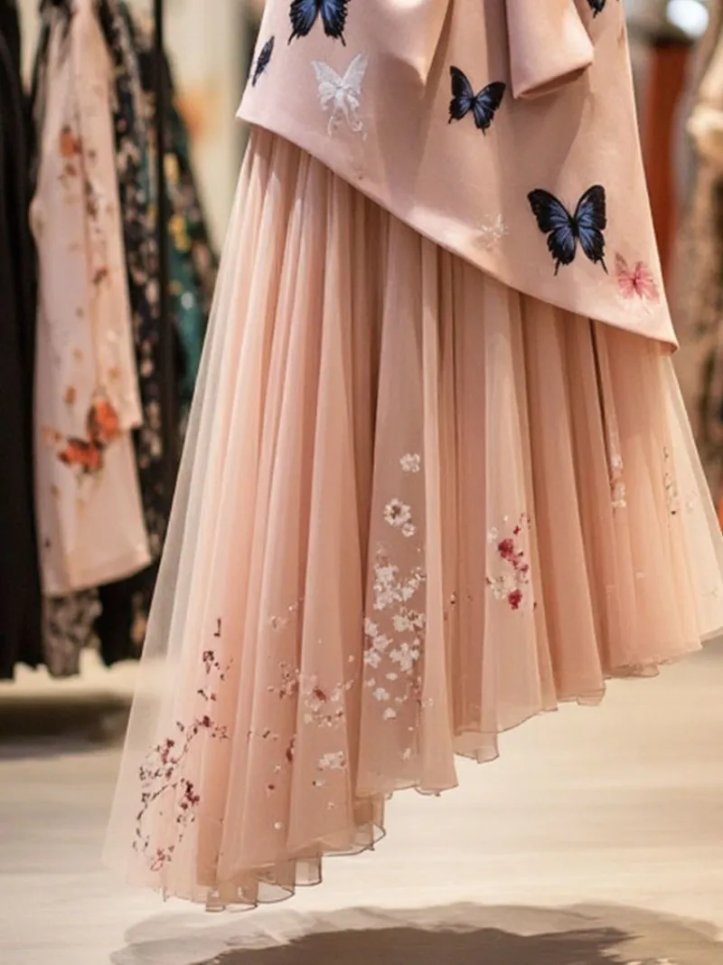 New Irregular Butterfly Printed Spring Skirts Women High End Elegant Slim High Waist Bow Elegant Party Skirt Office Lady Jupe