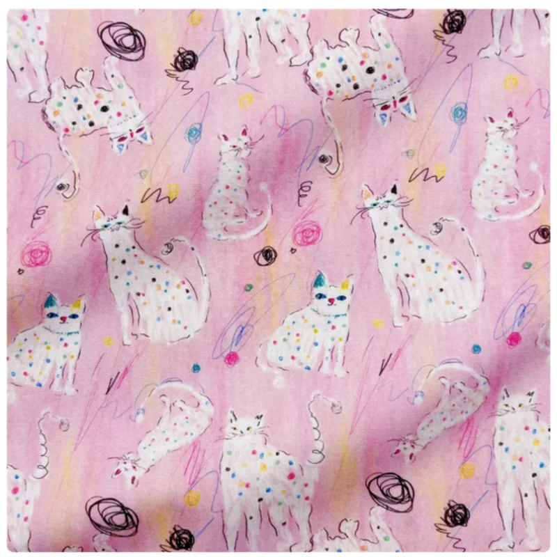 

Pink Abstract Round Dot Cat Print Pure Cotton Fabric, Handmade DIY Garment, Dress, Cap, Bag, Notebook Sewing Tissue, M55