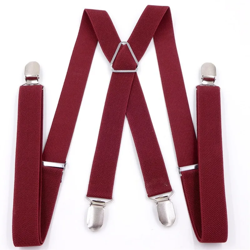 Suspenders Men Solid Color Polyester Elastic Adult Belt X-Shape Braces with 4 Clips for Women