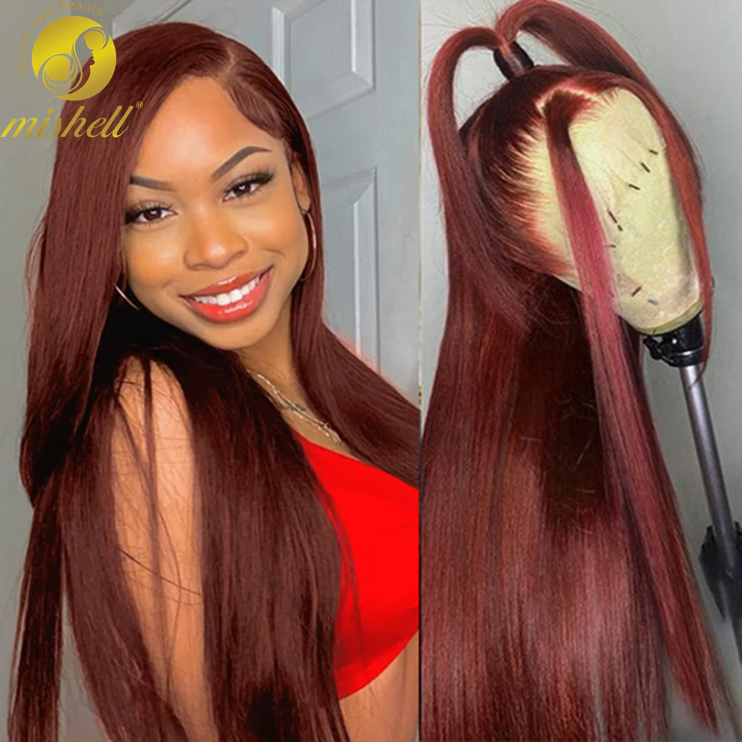 

32 Inch Reddish Brown Straight Lace Front Human Hair Wig Pre Plucked Remy Color Wig for Women 13x4 Transparent Lace Frontal Wig