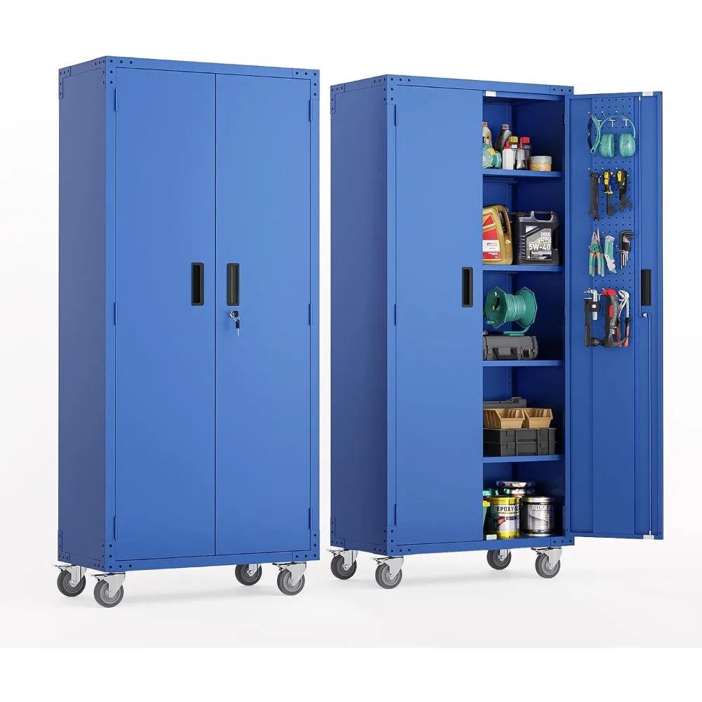 

Tall Metal Garage Storage Cabinet with Pegboards, Wheels, Locking Doors and Adjustable Shelves, File Cabinet/Tool for Home