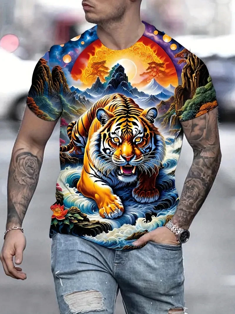 

Мужская футболка с короткими рукавами и 3D-принтом тигра размера PLUS, свободная и повседневная, мягкая, удобная и дышащая, подходит для улицы.