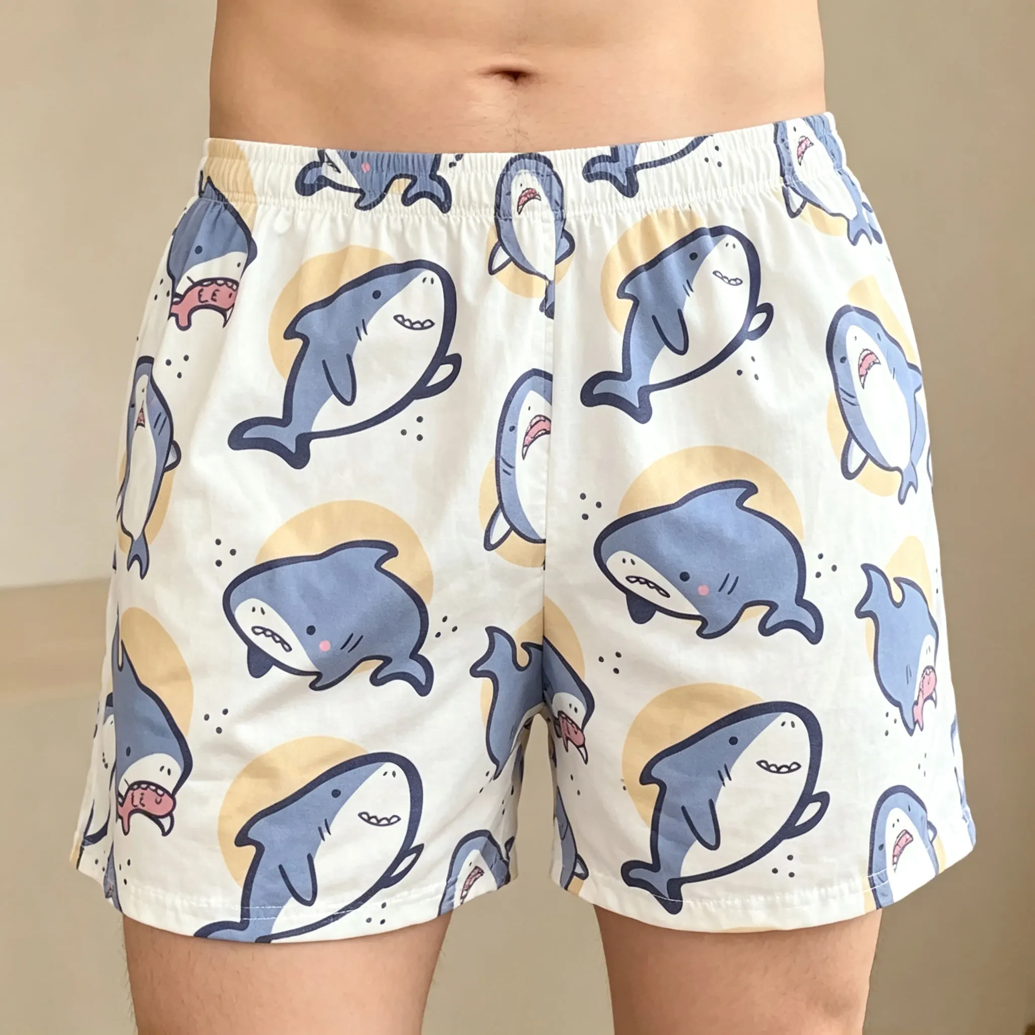 New Pants Couple Cartoon Cute Shark Animal Pattern Loose Lightweight Breathable Elasticated Waistband Shorts Pajama Pants