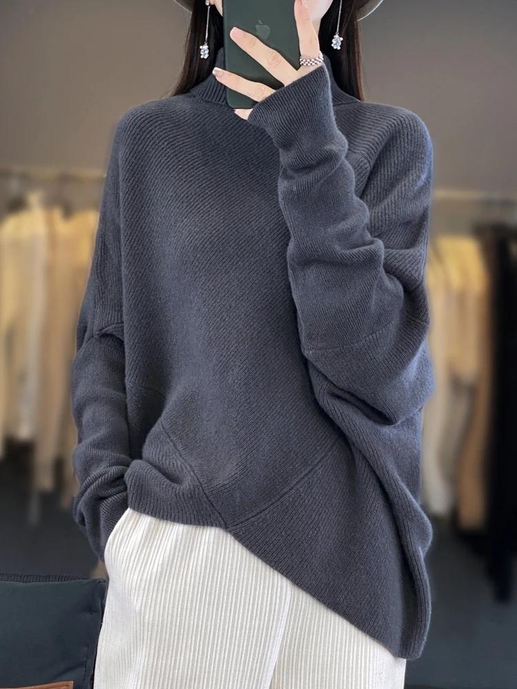 Women\'s Turtleneck Wool Sweater, Female, Skin-friendly, Loose Thick Bat, Irregular Sweater, Monochromatic, Autumn and Winter, Ne