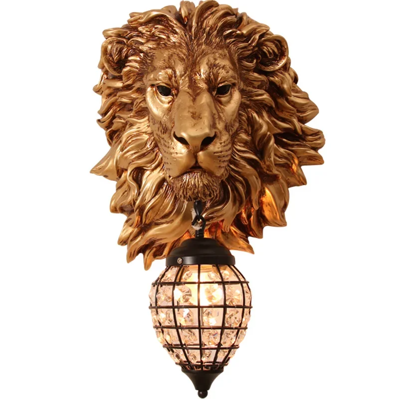 Gold Lion Wall Light Sconce Nordic Crystal Decor Lighting Fixture for Living Room Bedroom Stairway Light Wall Mirror Animal Lamp