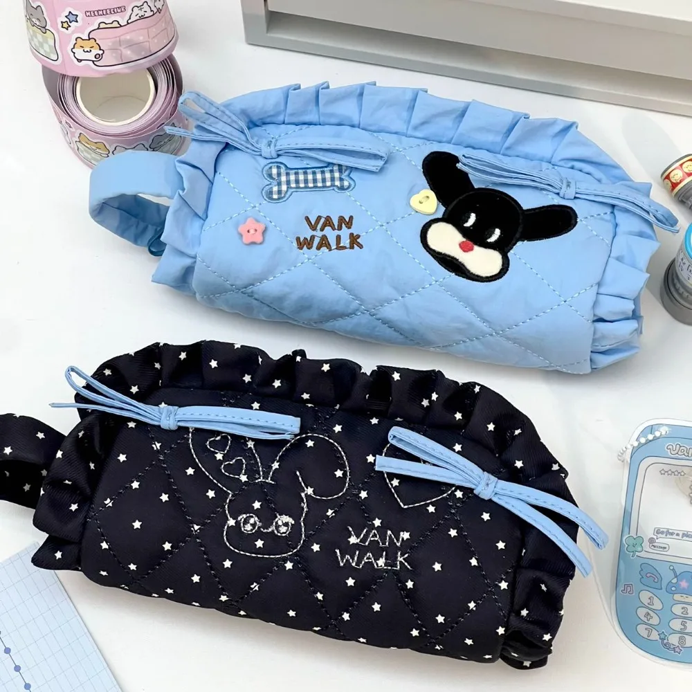 Kawaii Sweet Bow Pen Bag Dog Rabbit Large Capacity Makeup Storage Bag Ruffle Organize Pencil Pouch Case Office Supplies