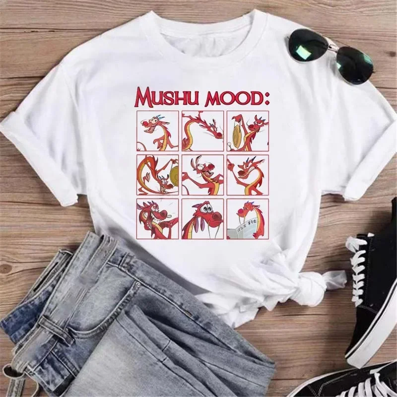 T-shirt da donna Kawaii Top Mulan Princess Stampa Tshirt Casual Summer Fashion O-Collo T-shirt a maniche corte Harajuku Abbigliamento