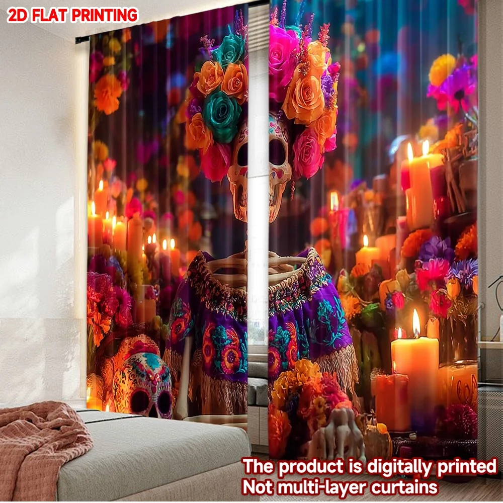 2pcs Skull with Flower Crown Curtains Digital Printing, Sugar Skull Marigold Candle Pattern for Day of the Dead Theme Room Decor