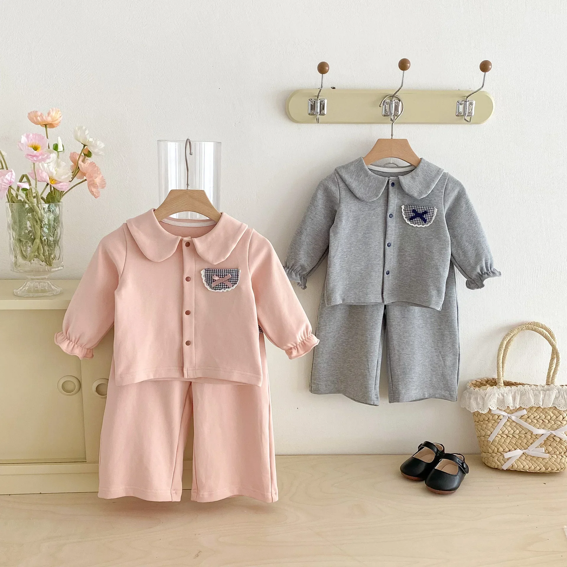 

0-3Y Cotton 2Pcs Set Toddler Baby Girl Peter Pan Collar Patch Pocket Long Sleeve Shirt and Wide Leg Pants Soft Adorable Outfit