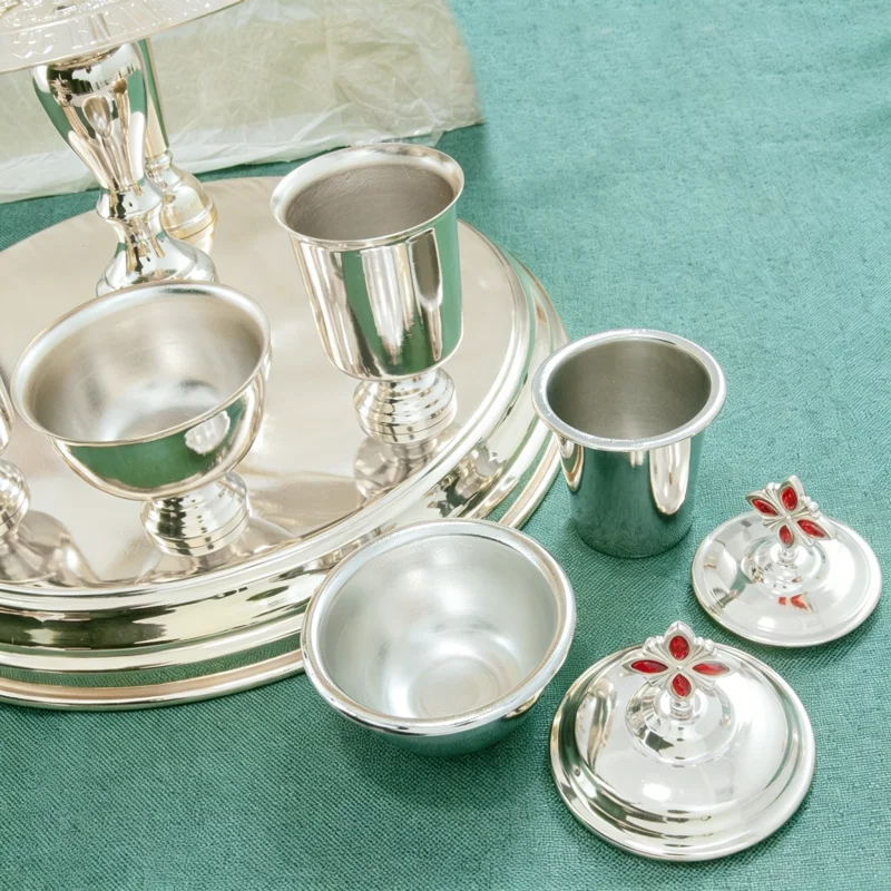 Premium Orthodox Christian Liturgical Communion Vessels Set Silver Plated Candelabra Chalice Ciborium Prosphora Plate for Church