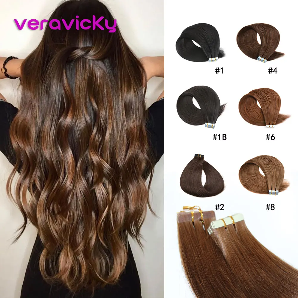 

Veravicky Hair Tape In Hair Extensions Human Hair Natural Brown Tiny Interface Skin Weft Remy 20pcs 16-24 inch For Thin Hair