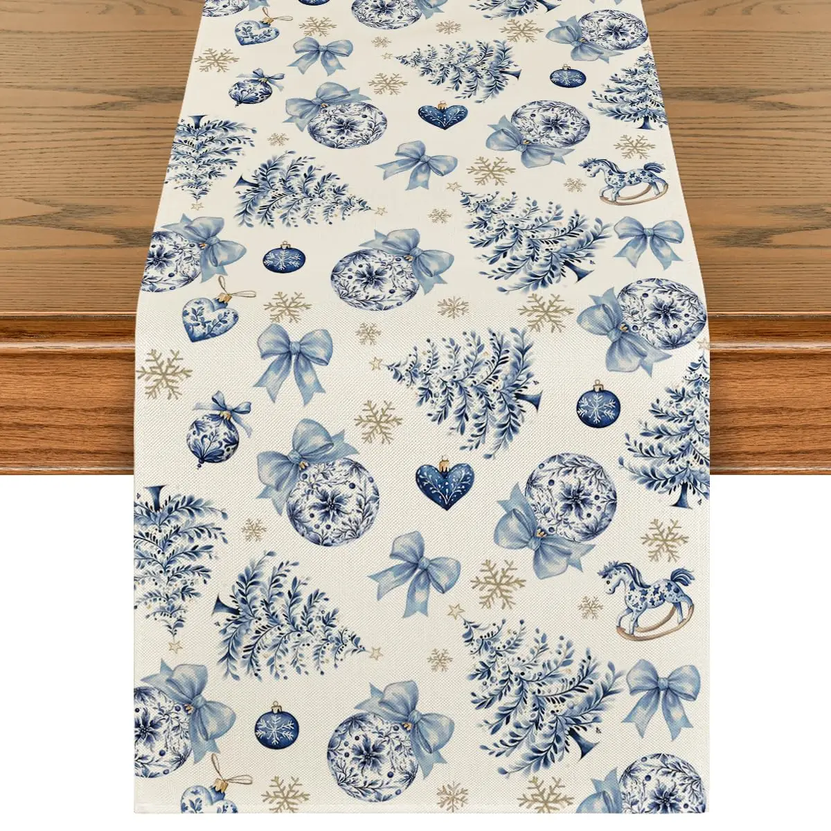 

Pine Trees Xmas Balls Bowknot Snowflakes Christmas Table Runner, Winter Holiday Kitchen Dining Table Runner for Home Party Decor