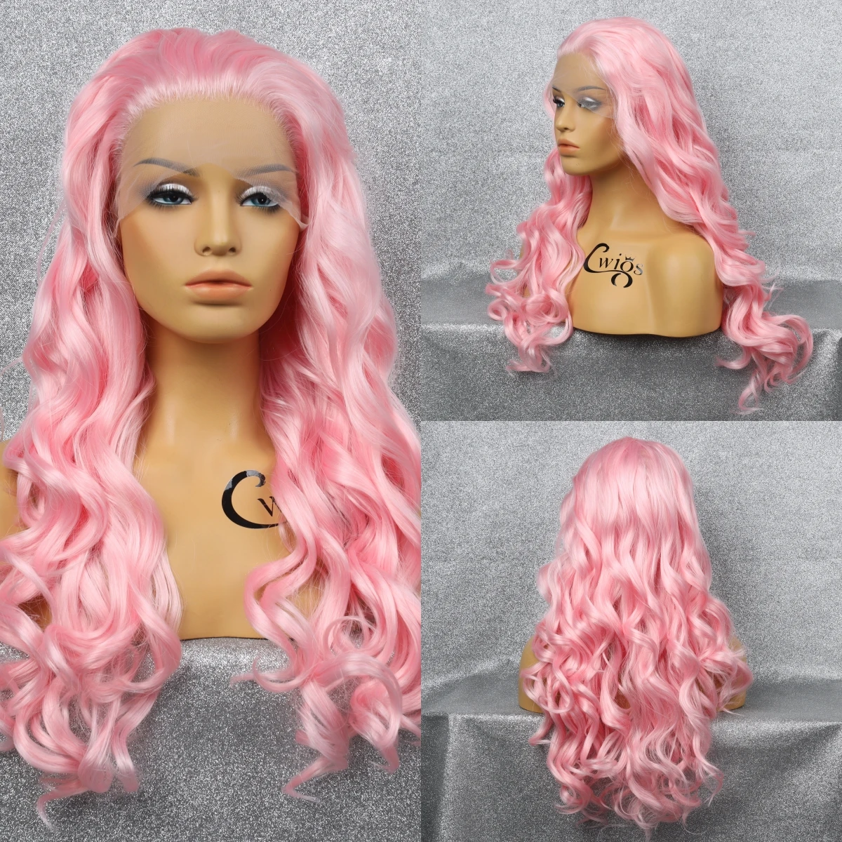 Pink Front Lace Synthetic Wave Long Wig Natural Hair Line Comfortable Soft Mesh Cap Breathable Heat Resistant Party Cosplay Wig