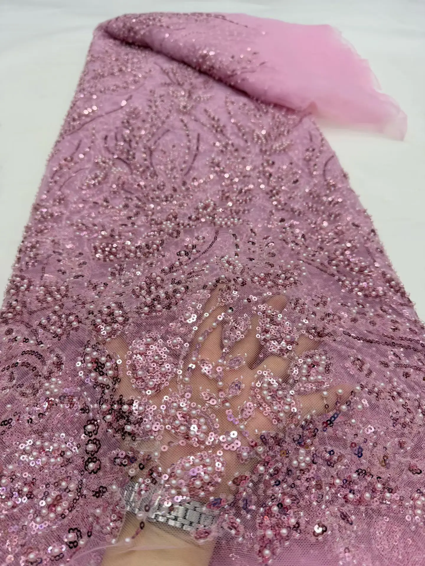 2026 Nigerian African French Guipure Tulle Lace Fabric Sequins Beaded Embroidery for Luxury Wedding Party Evening Dresses 5Yards image 3