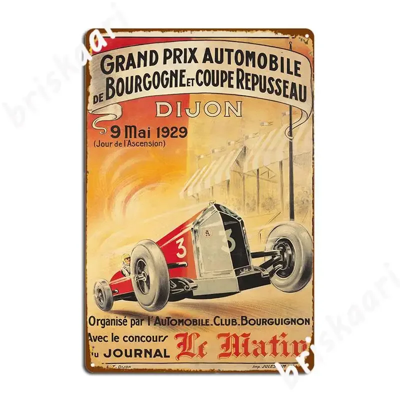 Gran Premio Bourgogne Dijon 9 Mai 1929, letrero de Metal, placas para Club de garaje, Mural de pared, cartel de estaño Retro
