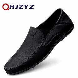 Sapatos casuais de couro genuíno masculino, mocassins formais, mocassins de luxo, deslizamento respirável italiano em sapato de barco masculino, tamanho 46 47