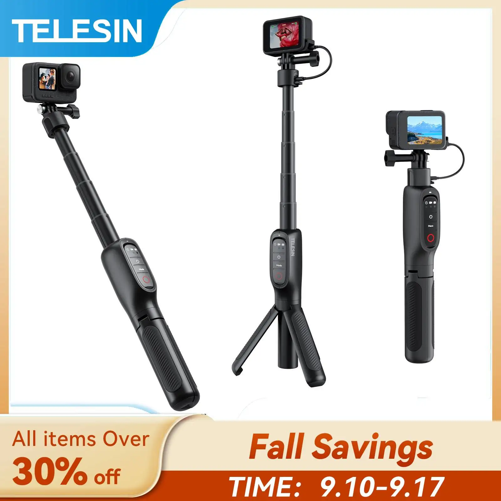 TELESIN 5000Mha 360 ° Palo de Selfie con carga de rotación, Banco de energía, trípode de control remoto para Gopro Hero 12 11 10 9 MAX, accesorios
