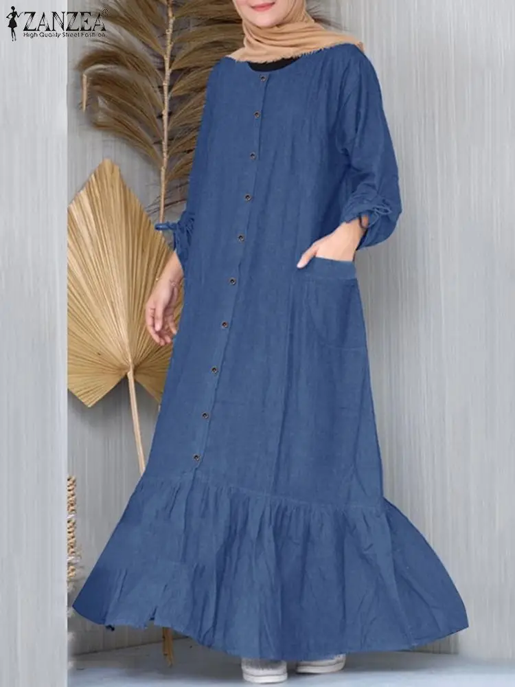 Lente Maxi Jurk Zanzea Moslim Hijab Zomerjurk Vrouwen Vintage Lange Mouw Denim Blauwe Vestidos Aabya Isiamic Gewaad Casual Kaftan