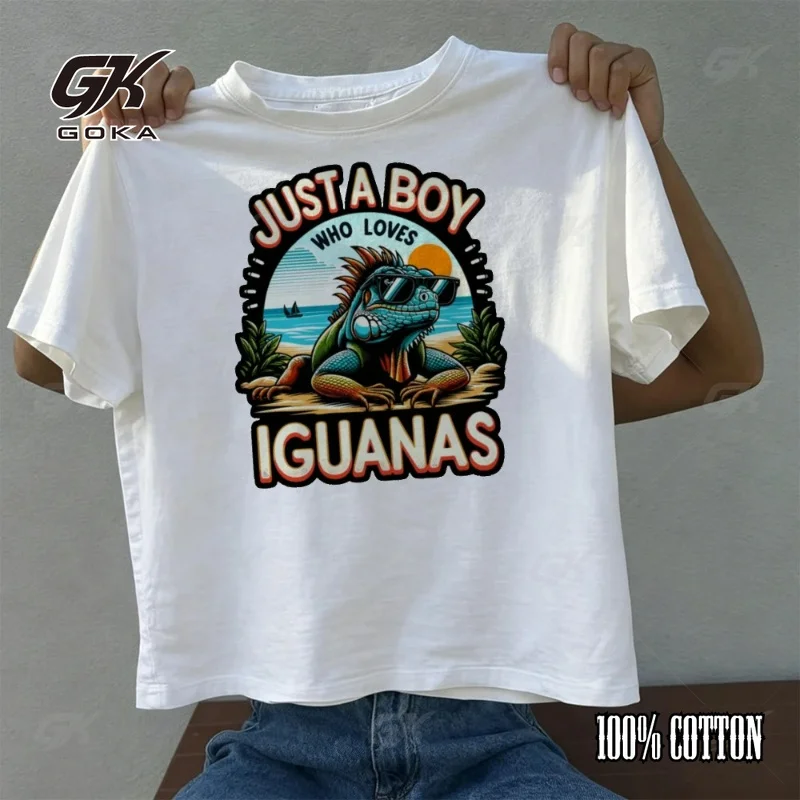 Just A Boy Who Loves Iguanas Lizard Graphic Men White T Shirt Tropical Beach Style Summer Pet Tops Round Short Sleeved Tops