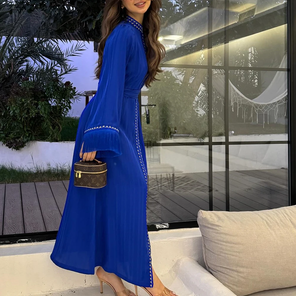 Formal Crystal Tassel Off the Shoulder Chiffon Evening Dress Modern Straight Ankle Length Crew neck Long Sleeves платье вечернее