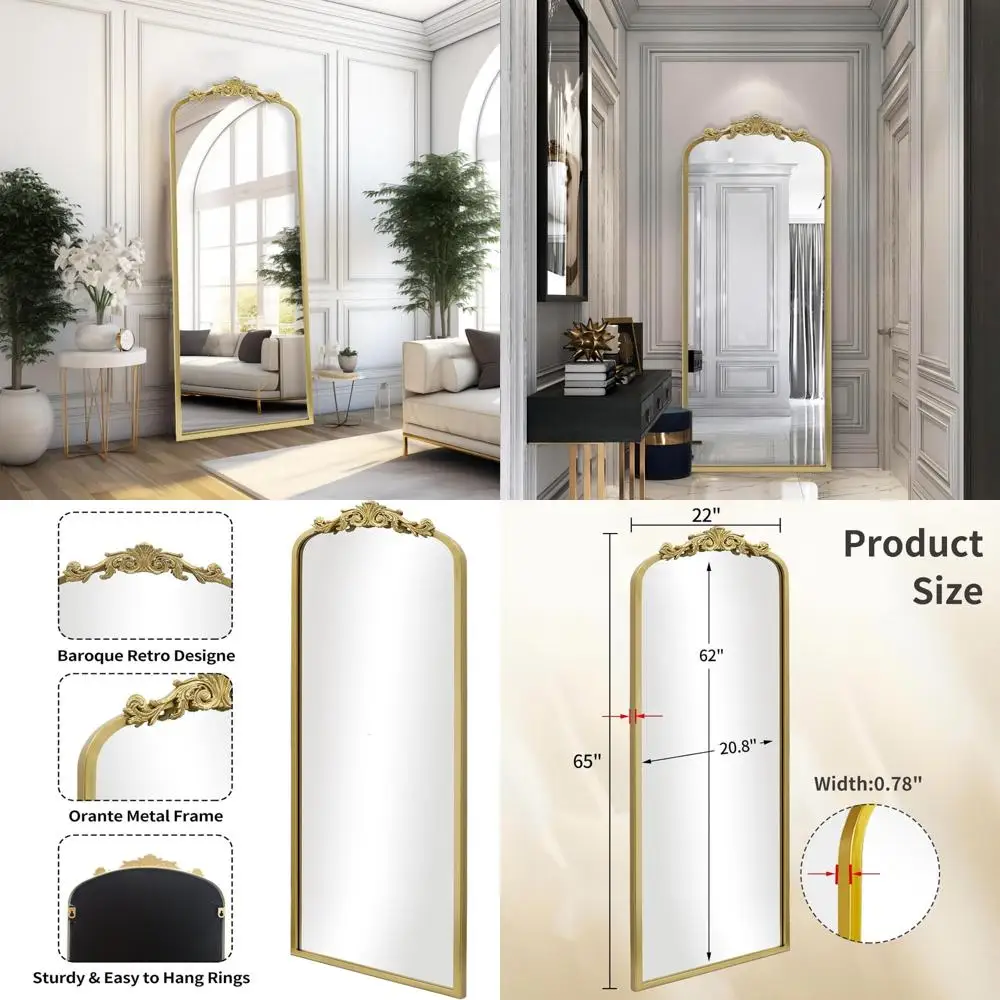 Vintage Gold Arched Floor Mirror, 22x65 Antique Elegant Full Length Traditional Ornate Metal Frame Body Mirror