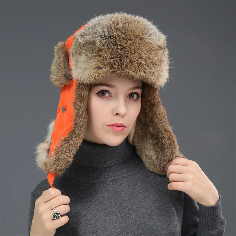 Winter Thermal Real Natural Rabbit Fur Bomber Hats Women Men Outdoors Soft And Warm Russia Hat Face Neck Earflap Snow Caps