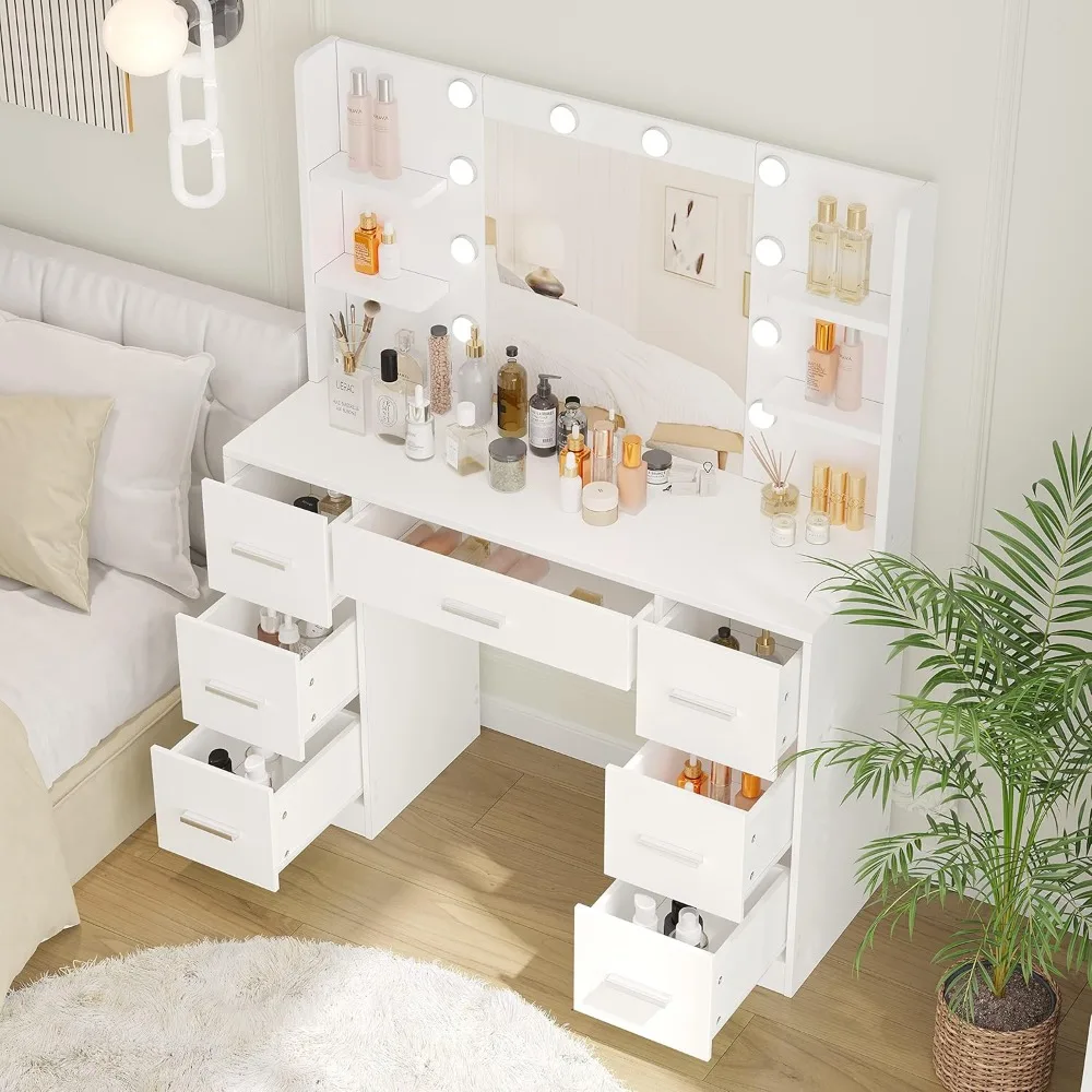 Makeup Vanity with 10 LED Lights & 7 Metal Sliding Drawers, Brightness Adjustable, Vanity Table with 6 Open Shelves,Makeup Table image 3