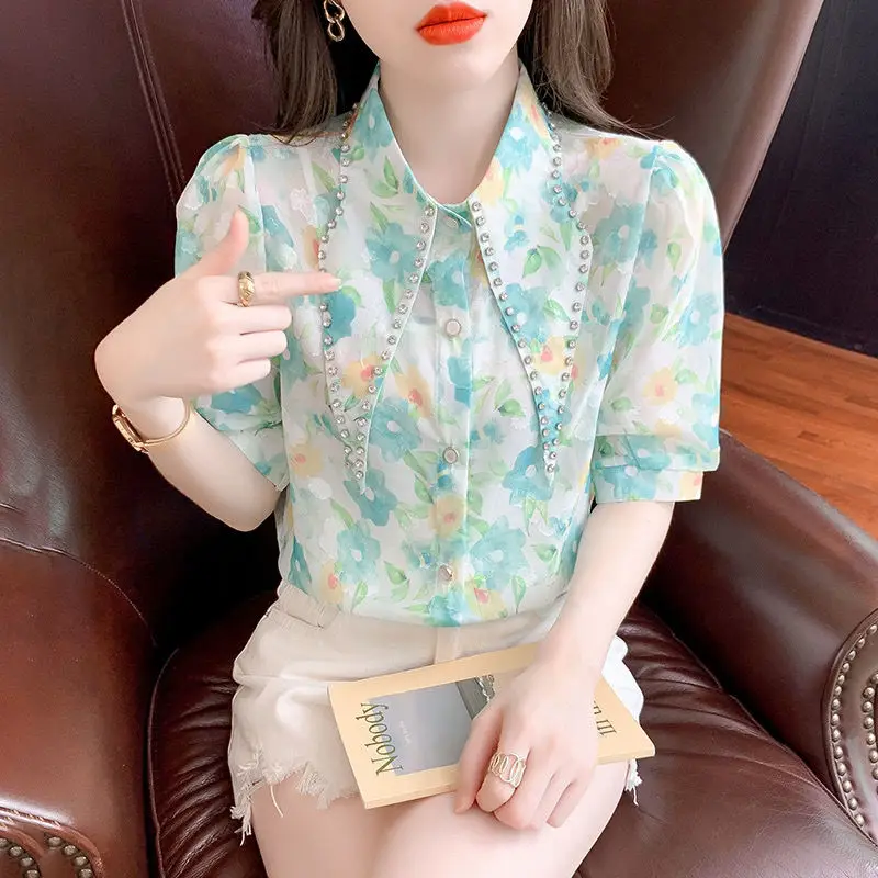

Summer French Sweet Chiffon Floral Blouse
