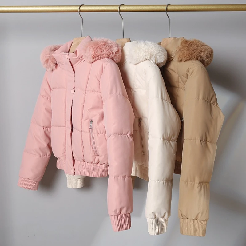 

Women Parkas Coats Solid Short Jackets Zipper Pocket Hooded Long Sleeves Thick Loose Fit Casual Office Lady 2025 Autumn Winter