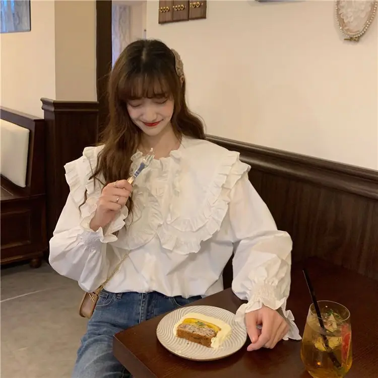 Sweet Fresh and Cute Ruffled Doll Collar Long Sleeve Shirt for Women