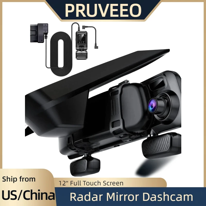 PRUVEEO 12'' Mirror Dash Cam with OBD Microwave Radar Detector 4 Channel Dash Car Camera 1080P Night Vision Dashcam with IR GPS